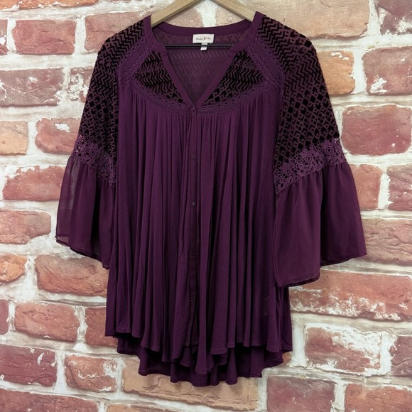 Anthropologie Meadow Rue Tunic Top Women's L Purple Boho Velvet Burnout Shirt - Picture 3 of 9